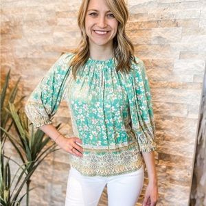 Democracy Lantern sleeve printed blouse with ruffled collar- XS- NWT